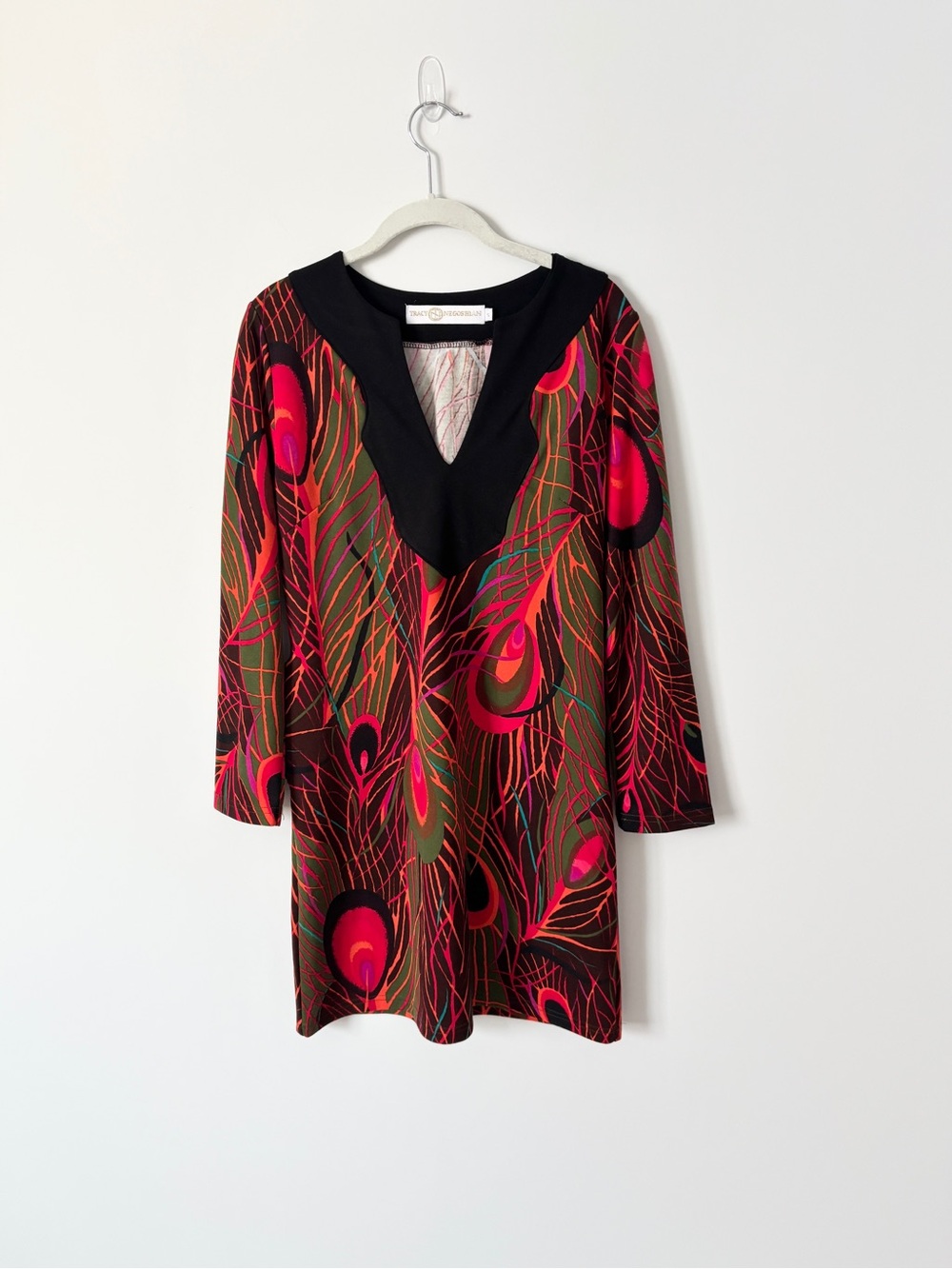 Tracy Negoshian Retro Peacock-Print V-Neck Dress
